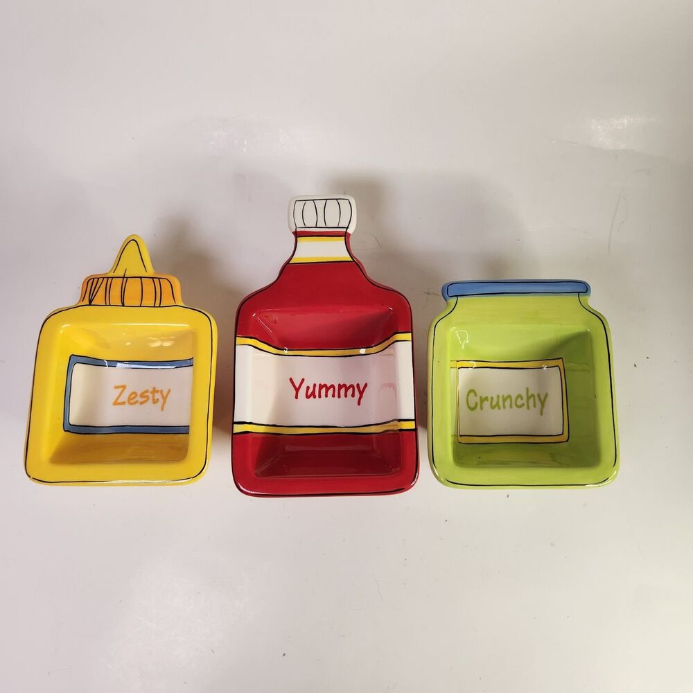 Hallmark Summer Condiment Dishes Set of 3‎ Yummy Crunchy Zesty  Ketchup Mustard
